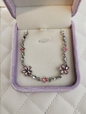 Pink Crystal Flower Bracelet - Silver Tone